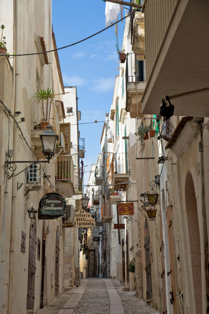 Eine enge Gasse umrahmt von Häuserfassaden führt durch die Altstadt von Vieste - einem der Stopps auf Anikas Apulien Rundreise.