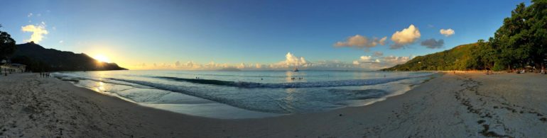 Sunset at Beau Vallon Mahe beach in Seychelles.