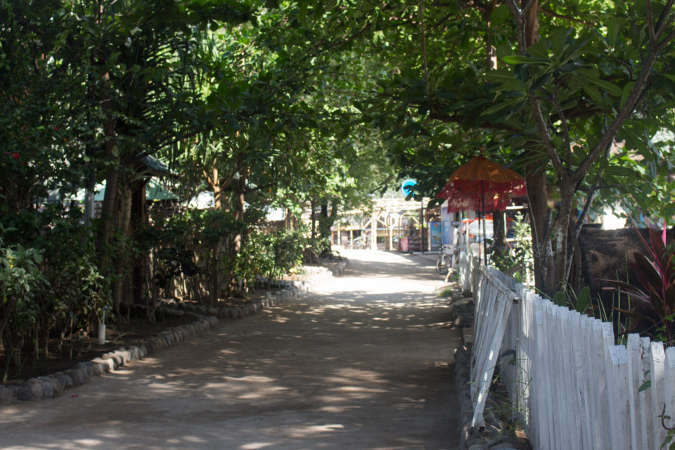 Die dichtbewachsenen Straßen von der Gili Insel Gili Air auf Indonesien säumen den Weg unter einem Blätterdach.