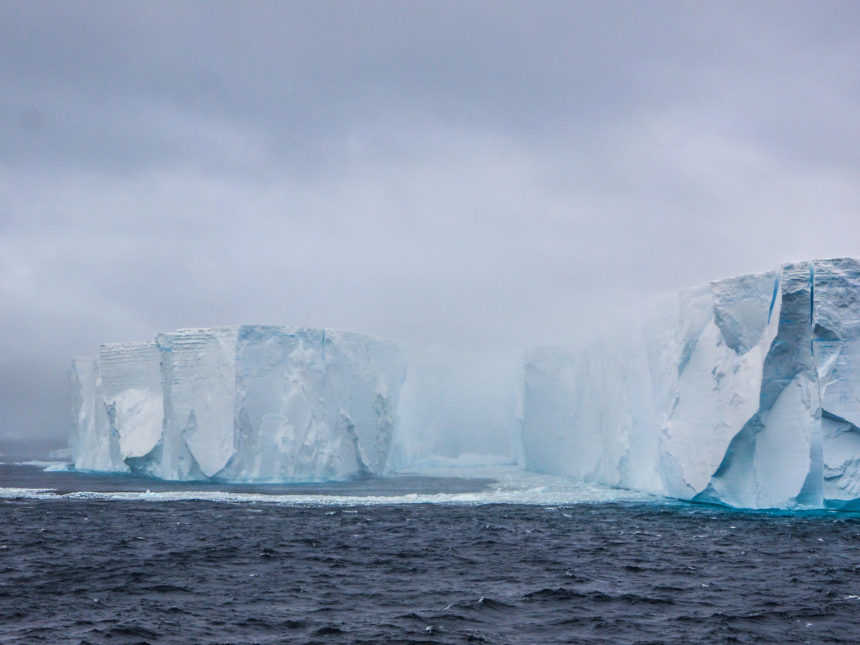 Several icebergs protrude from the deep blue sea.