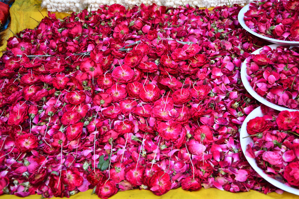 Viele rotfarbene Blütenköpfe werden in Delhi, Hazrat Nizamuddin als Opfergabe zum Schrein des Sufis angerichtet.