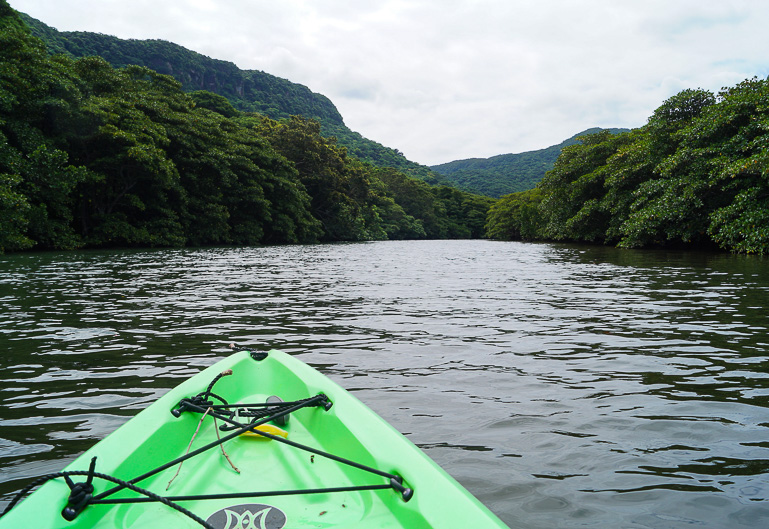 Ein grünes Kayak treibt auf dem Fluss von Iriomote, einer der Yaeyama Inseln von Japan umgeben von dunkelgrün bewachsenen Hügeln.