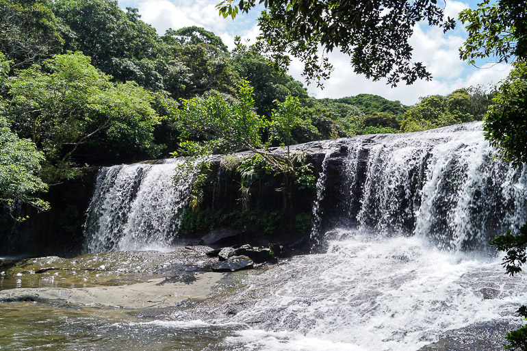 Zwischen dichtbewachsener Natur schießt das Wasser den Sangara-Wasserfall auf Iriomote auf den Yaeyama Inseln in Japan hinab.