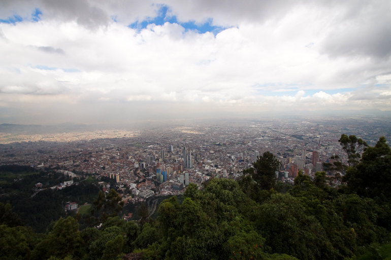 Atop Colombia's Monserrate mountain, clouds obscure the view over Bogotá.
