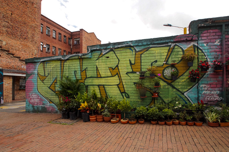 Many different pots with plants stand in front of a graffiti-decorated wall in Bogotá Downtown.