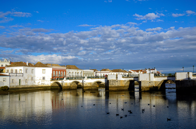 In der Stadt Tavira an Portugals Algarve planschen Enten in einem Fluss, im Hintergrund führt eine lange Brücke zu den Häusern der Stadt.