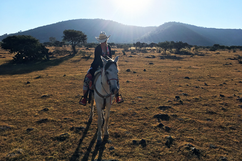 Eine Reiterin mit Cowboyhut reitet in der Abendsonne durch die mexikanischen Steppenlandschaft auf einem weißen Pferd.