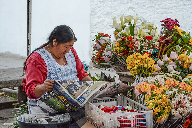 The flower market in Cuenca, centrally located directly opposite the cathedral, is tranquil and colourful.