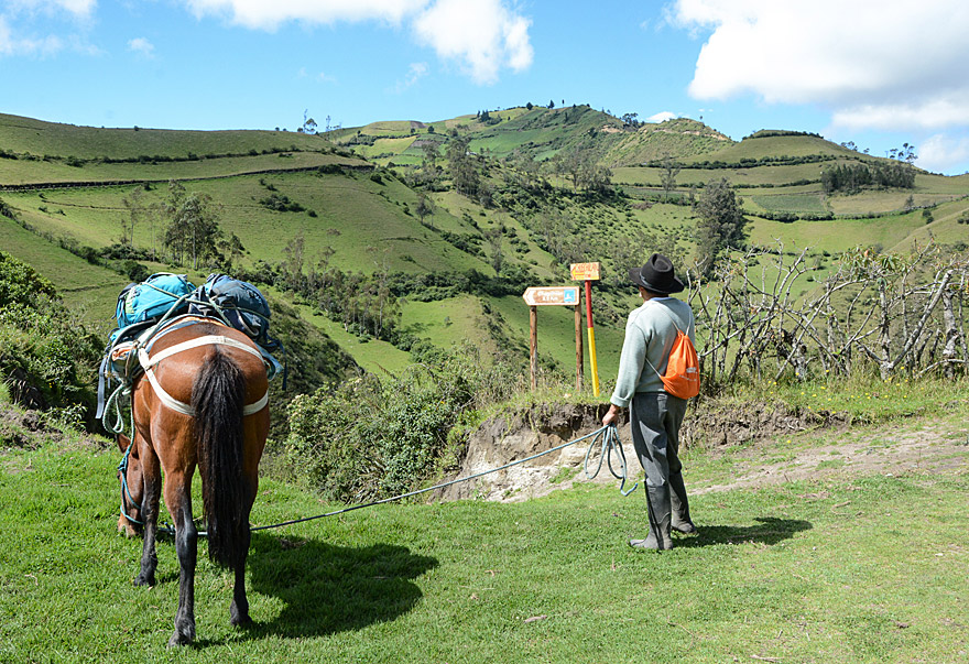 Corina, das Pferd, und Oswaldo, der Guide, begleiten uns auf der Tageswanderung von Isinliví nach Chugchilan.