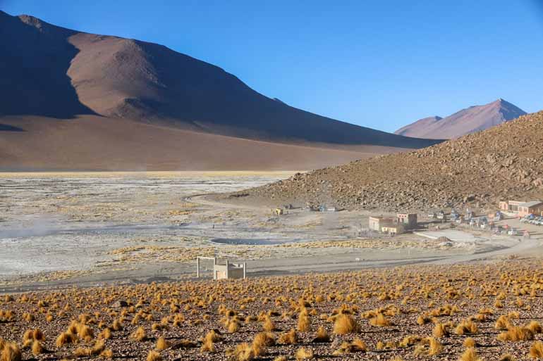 The Hot Springs in Polques, Bolivia, are small lagoons with clouds of steam and a small valley.