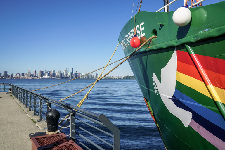Vancouver: Colorful Greenpeace ship docked at the port.