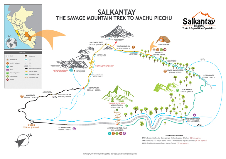 Die Abbildung der Karte zeigt den Weg des Salkantay Treks zum Machu Picchu in Peru.
