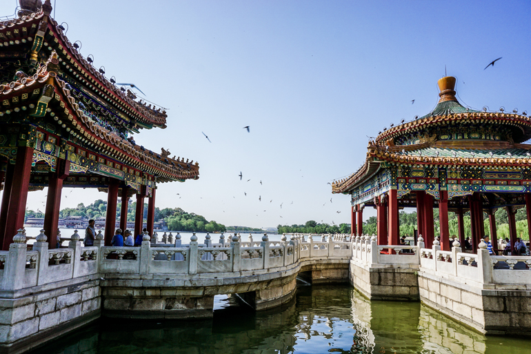 Peking: Beihai Park, chinesische Bauten und See