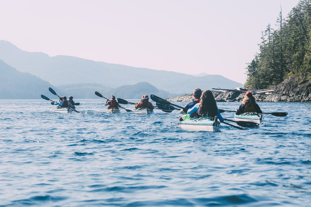 Whale Watching Vancouver Island: Einige Kajaks fahren hintereinander auf dem Wasser.