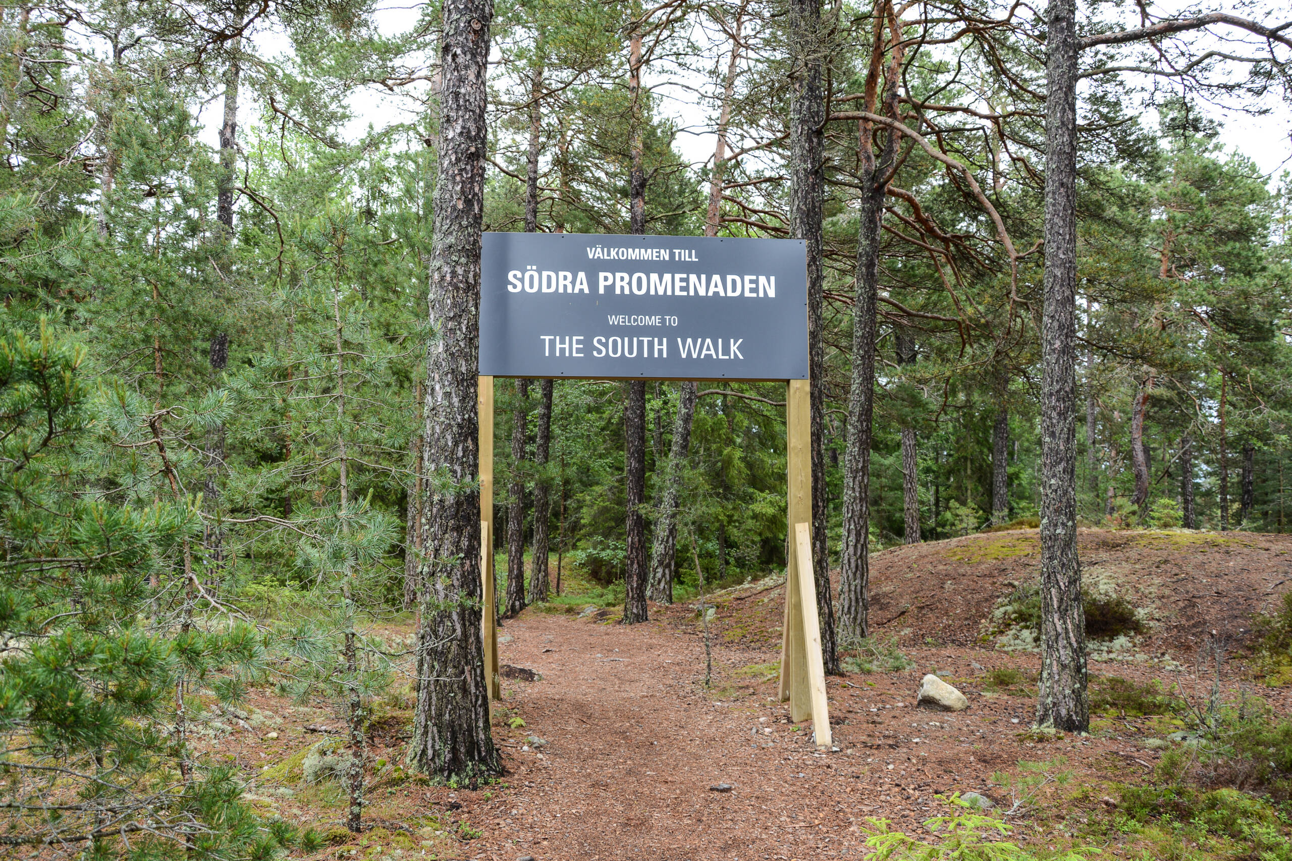 Ein großes Willkommensschild weist auf einen Rundweg durch den Wald der Halbinsel Hålluden hin.