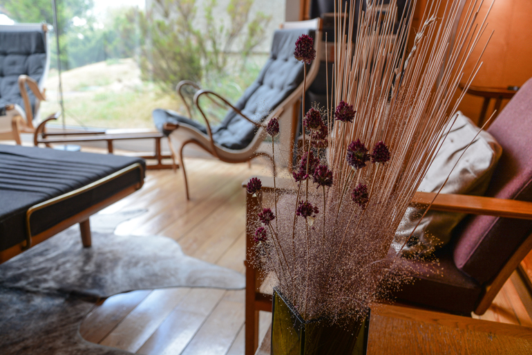 Ein Sessel vor einem Fenster mit einer Pflanze.