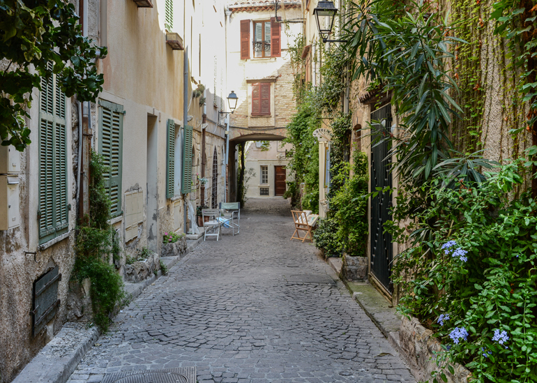 Eine Gasse mit Häusern an den Pflanzen hinauf wachsen.