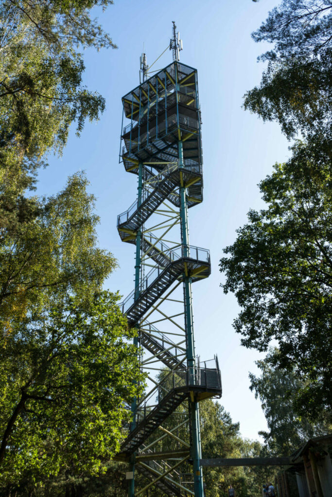 Aus der Froschperspektive erkennt man den Käflingsbergturm, ein mit einer Stahl-Wendeltreppe gebautes Konstrukt, das in Müritz als Aussichtsplattform dient, links und rechts vom Turm stehen große Bäume.