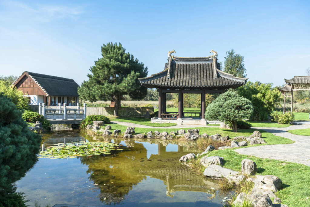 Im Japanischen Garten in Rostock befinden sich zwei traditionelle Tempel hinter einem kleinen, von Seeblättern geziertem Teich, über den eine weiße traditionelle Brücke führt.