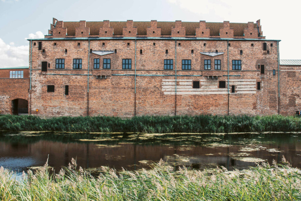 Hinter Schilf, einem wilden dunklen Fluss und hohen grünen Flussgewächsen befindet sich die backsteinrote Burg Malmöhus, ein breites Gebäude mit blauen Fenstergläsern und rotem Dach.