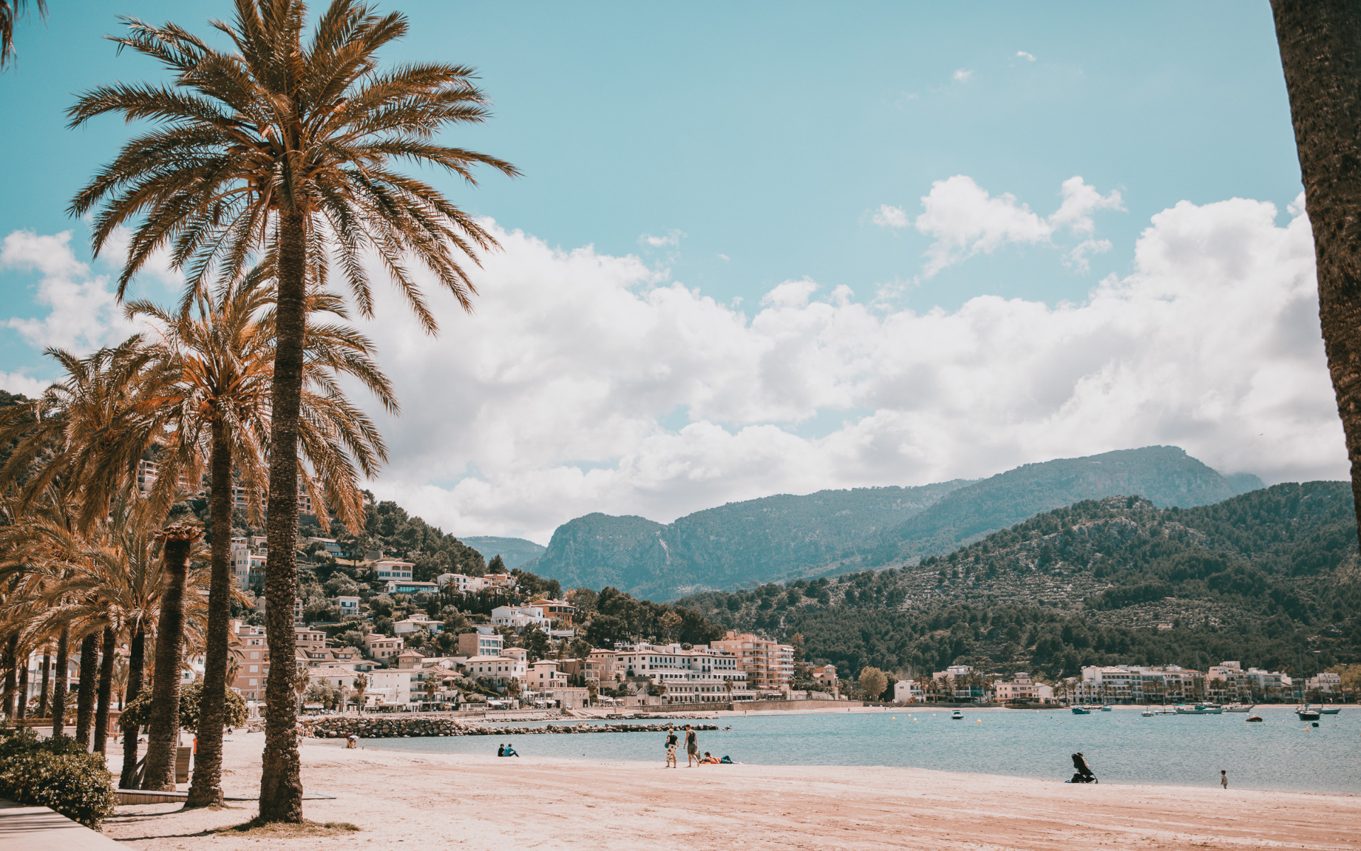 Der Strand mit Palmen am Port de Sóller mit Bergpanorama im Hintergrund.