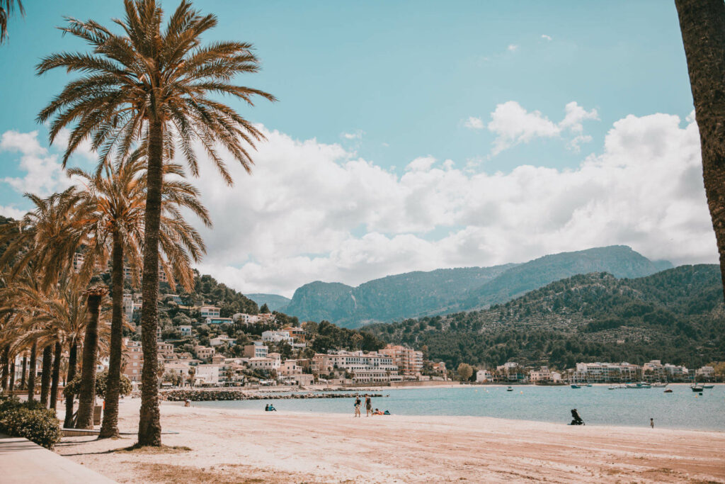 Der Strand mit Palmen am Port de Sóller mit Bergpanorama im Hintergrund ist ein Must-See in dem Dorf Sóller auf Mallorca.