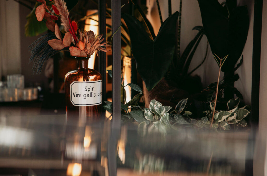 Pflanzen und Gläser zur Dekoration im Frank Café in Berlin.