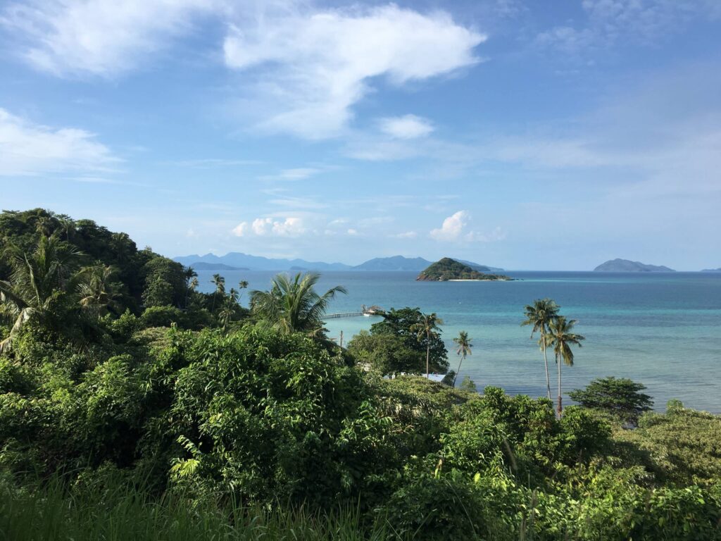 Auf Koh Mak reicht der Blick über grüne und üppige Flora hin zum Meer.