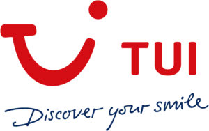 Das TUI Logo in rot mit dem blauen Schriftzug Discover your smile.