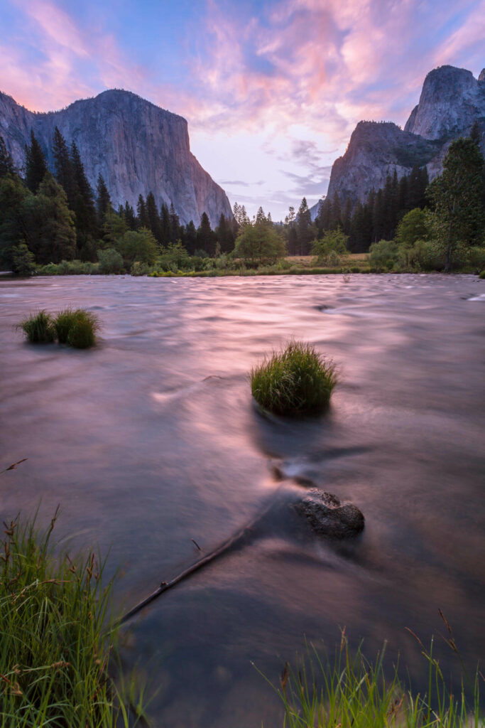 Sunrise on the Merced River in Yosemite National Park in California.