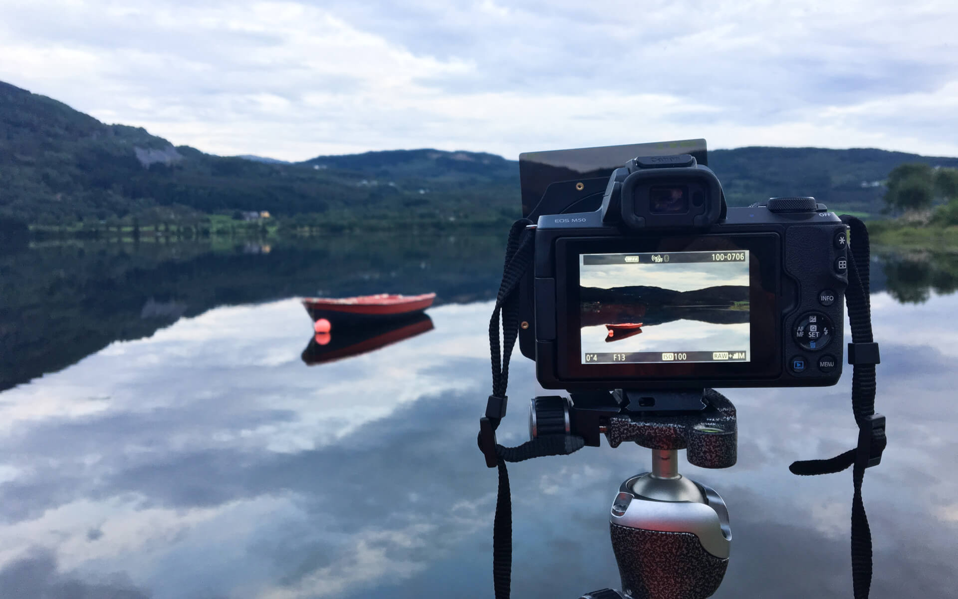 Reisefotografie mit einer Einsteigerkamera an einem See in Norwegen, auf dem ein Boot schwimmt.
