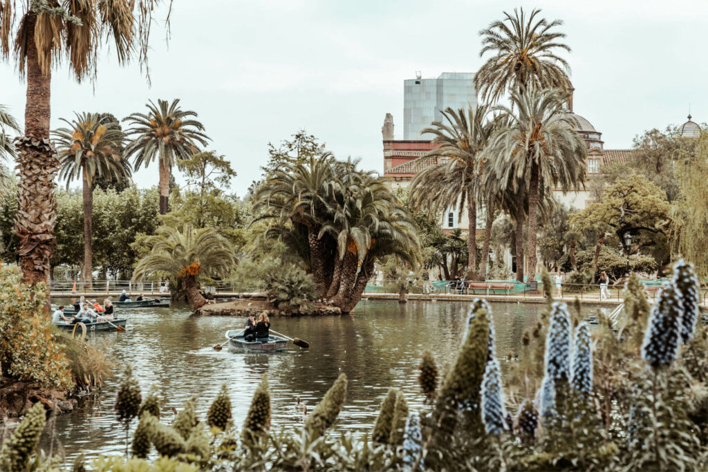 Für eine entspannte Pause in Barcelona kann man im Parc de la Ciutadella auf einem der Ruderboote zwischen Palmen entspannen.