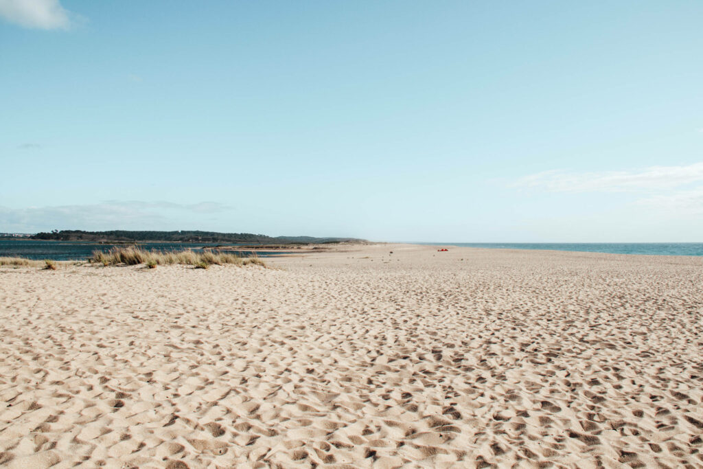 Traumhafter Sandstrand mit grüner Wiese und Meer an der Alentejo Küste