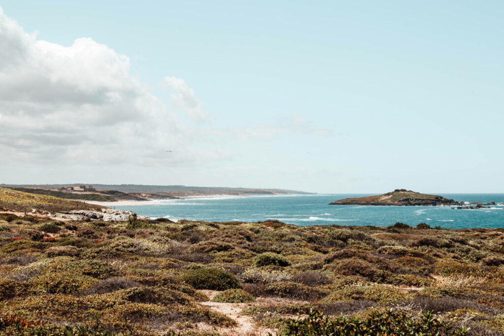 Wanderweg an der Küste Alentejos direkt neben einem wunderschönen Strand und Meer.