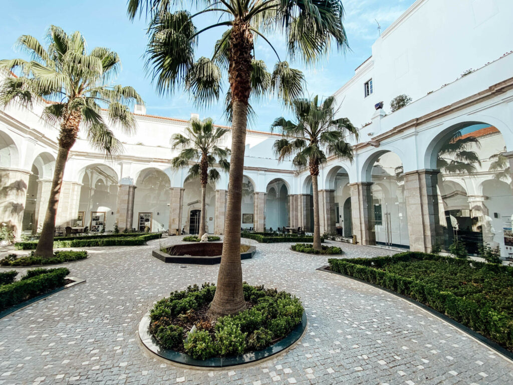 Vorplatz mit Palmen des Hotels Vila Gale ein Stopp wert bei eurem Roadtrip durch den Alentejo.