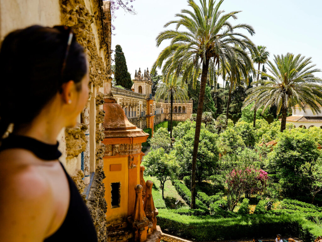 Vom Real Alcázar in Sevilla aus blickt man in einen herrlich grünen Garten mit riesigen Palmen.