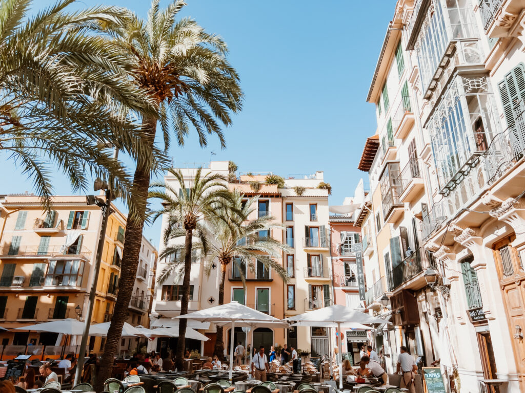 Mallorquinische Häuser in natürlichen Farben umgeben von Palmen.