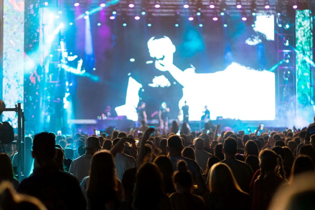 Auf dem Field Day Festival in Sydney feiert eine Menschenmenge vor der blau erleuchteten Bühne.