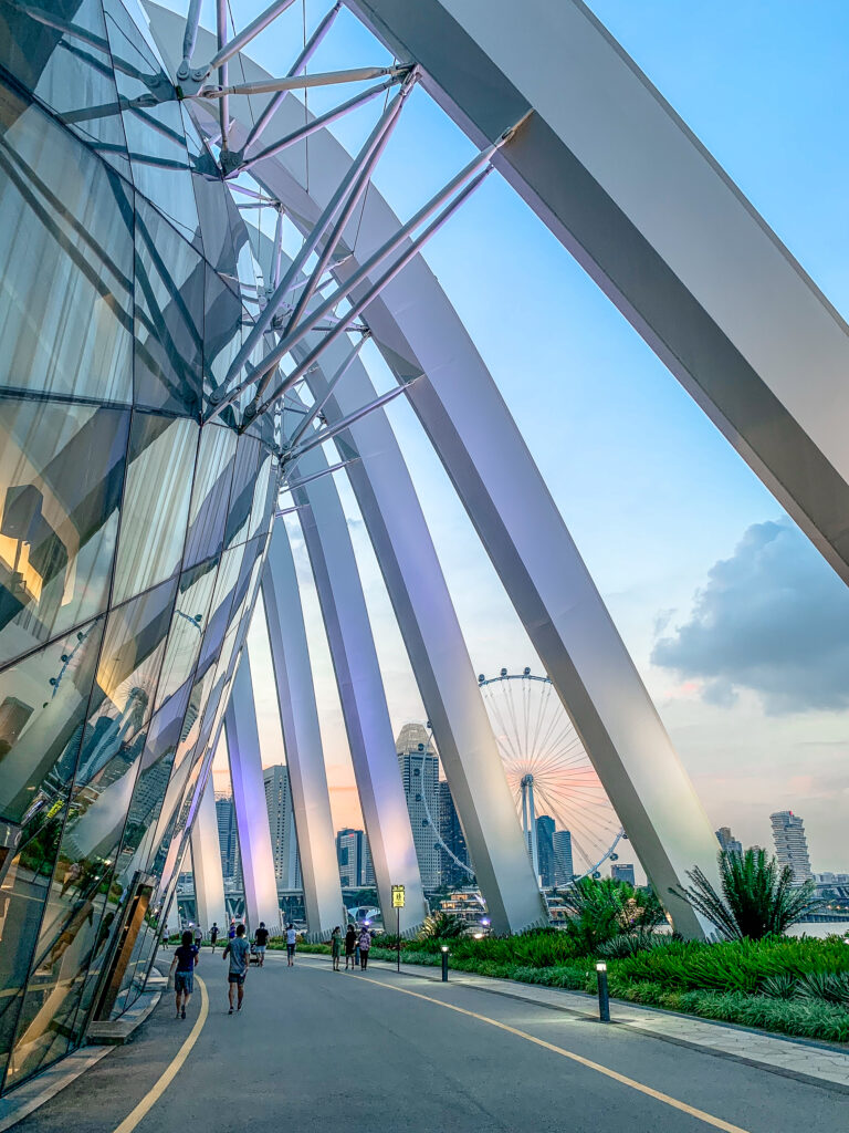 Vorbei an einem futuristischen Gebäude kann man den Blick auf das Riesenrad Singapore Flyer genießen, eines der bekanntesten Sehenswürdigkeiten Singapurs.