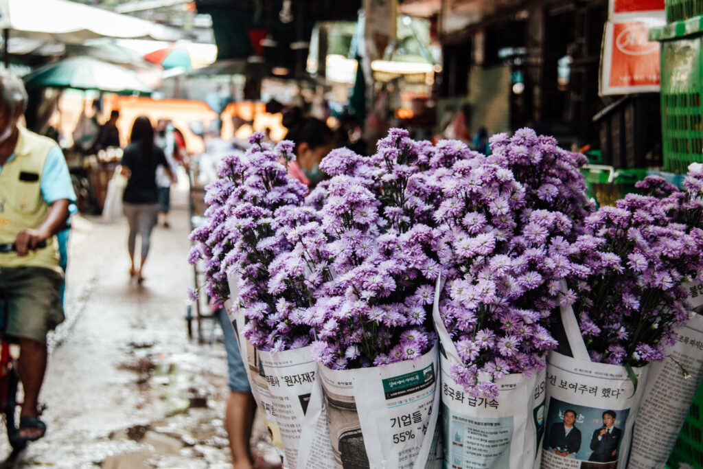 So bunt wie Bangkok selbst sind auch die Blumen vom Blumenmarkt: lila schillernd und wohlduftend.