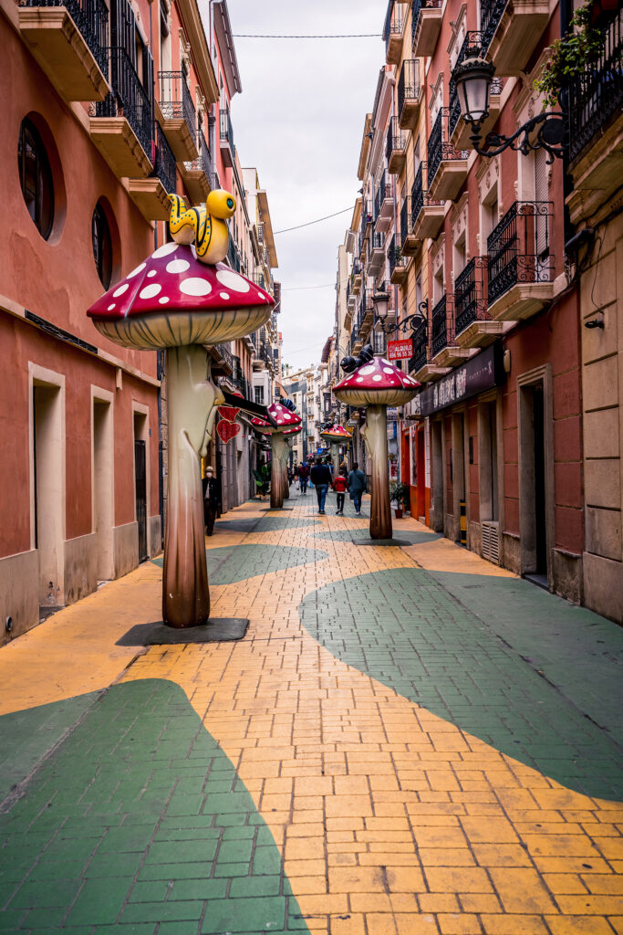 The Mushroom Street in Alicante with mushroom figures.