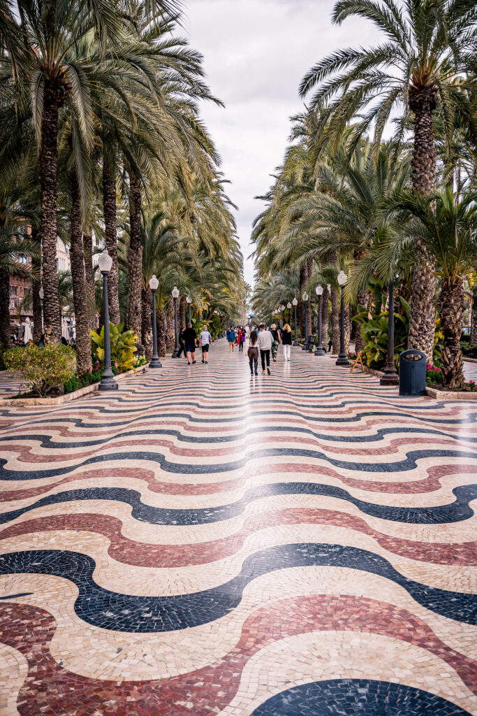 The Explanada de Espana made of tesserae between palm trees in Alicante.