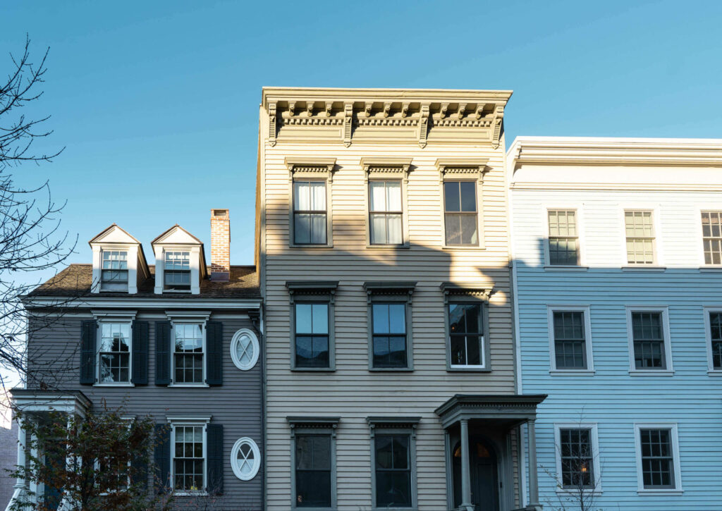 A frontage of houses in the popular neighborhood of Brooklyn Heights in Brooklyn.