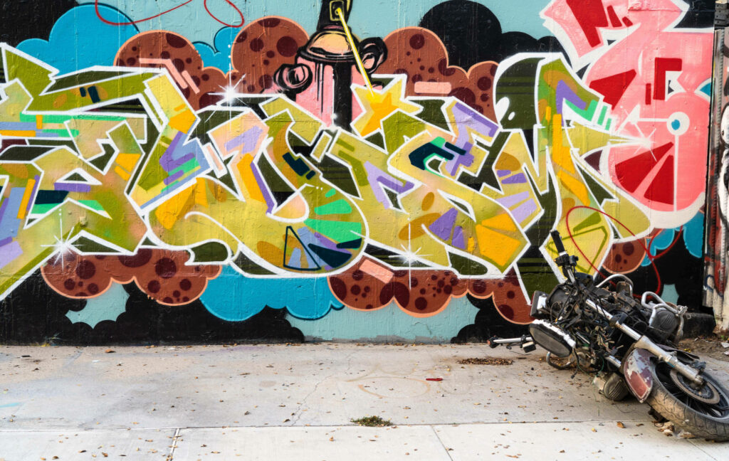 Colorful street art can be found on Morgan Avenue in Bushwick, a neighborhood in the New York borough of Brooklyn.