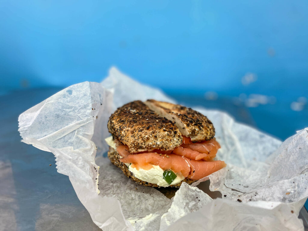 A seed bagel with cream cheese and salmon from the Court Street Bagels cafe in Brooklyn.
