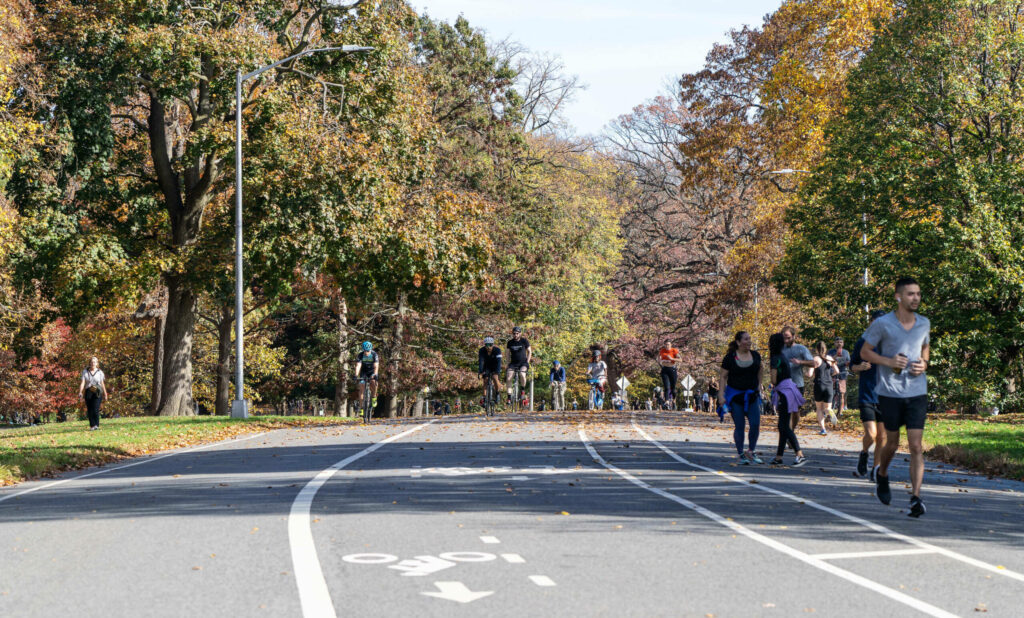 Jogger und Radler bewegen sich auf gepflastertem Weg durch den Prospect Park in Park Slope, Brooklyn.