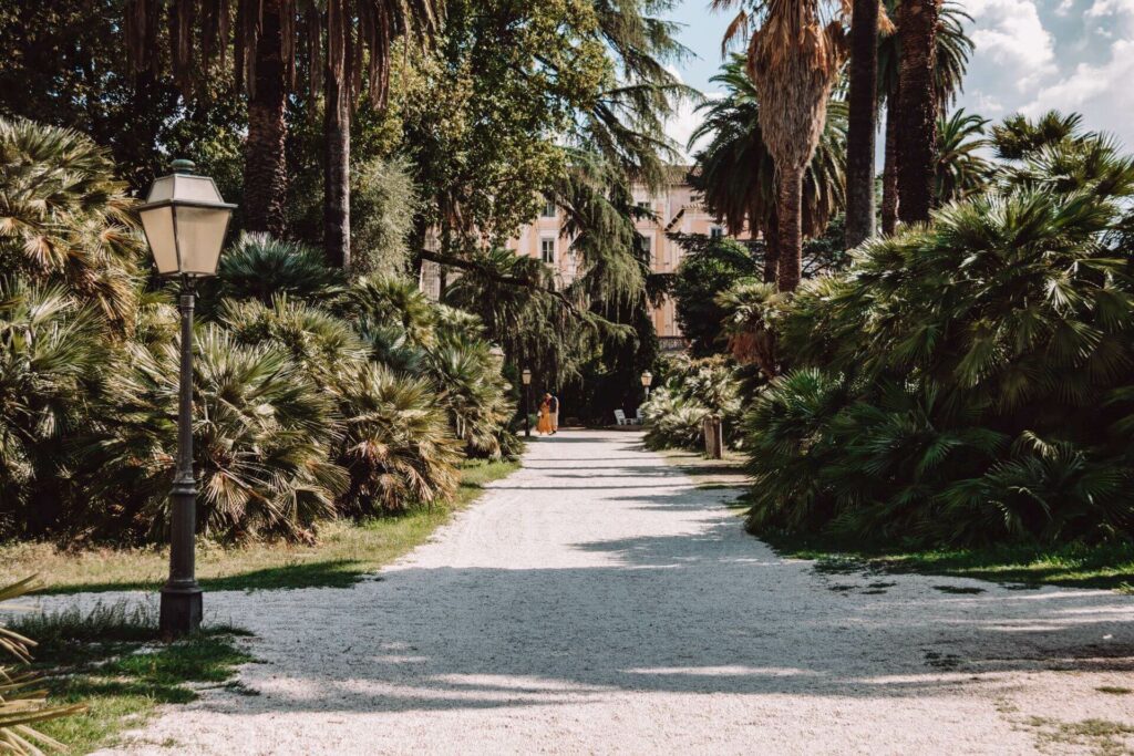 Ein Weg aus Kieselsteinen führt durch verschiedene grüne Pflanzen im Botanischen Garten in Rom.