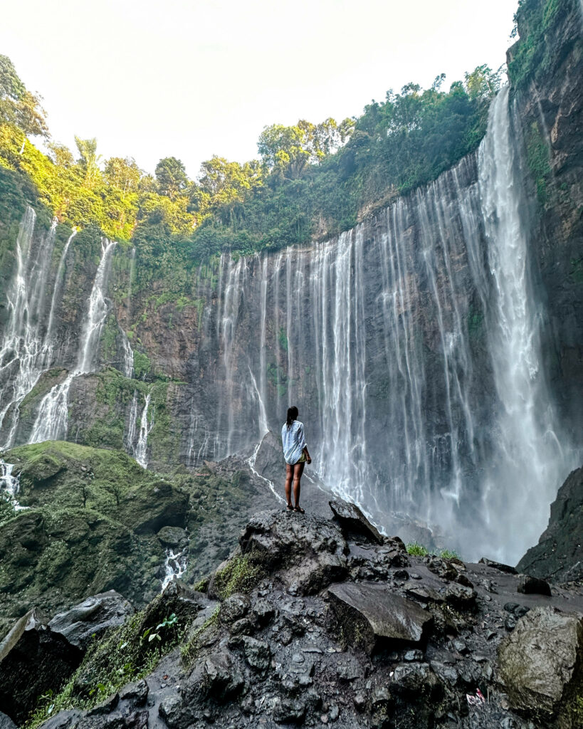 Bloggerin Nina steht auf einem Felsen und blickt auf den Tumpak Sewu Wasserfall in Java.