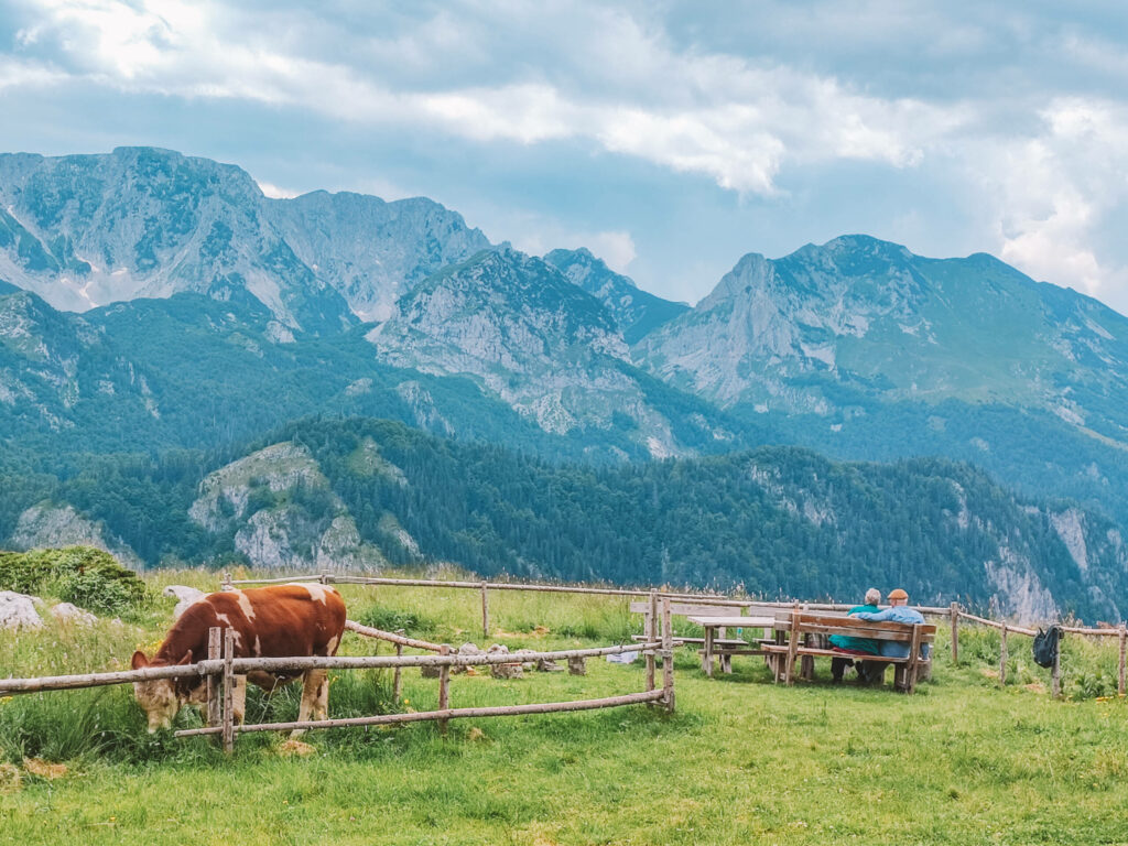 In unberührter Natur genießt ein Paar den Blick auf die Berge im Sutjeska-Nationalpark in Bosnien.